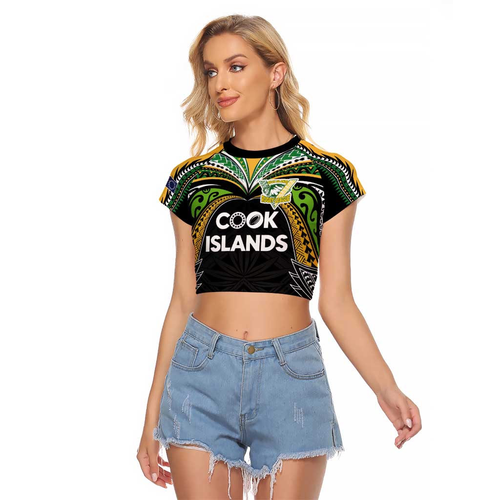 Custom Cook Islands Rugby League Raglan Cropped T Shirt Tatau Tribal Motifs-Black Color - Polynesian Pride