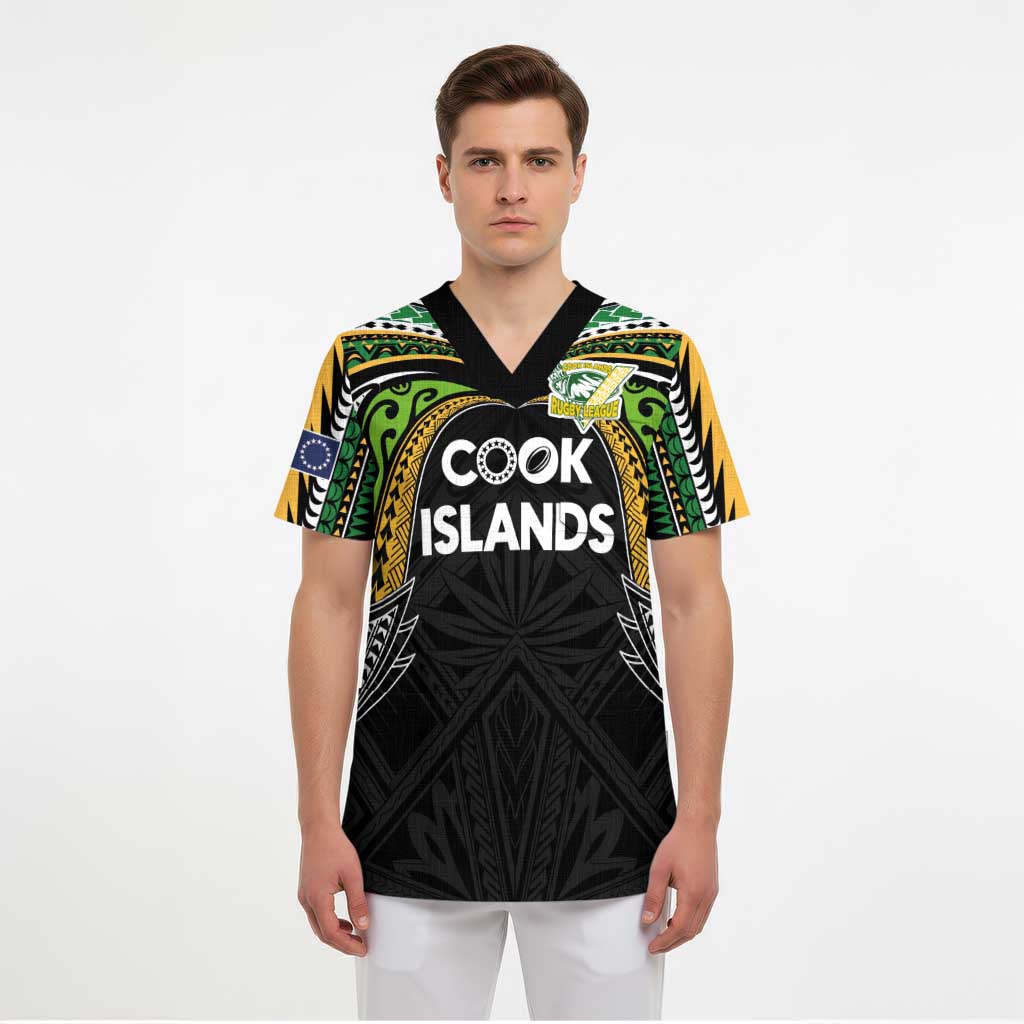 Custom Cook Islands Rugby League Scrub Top Tatau Tribal Motifs-Black Color - Polynesian Pride