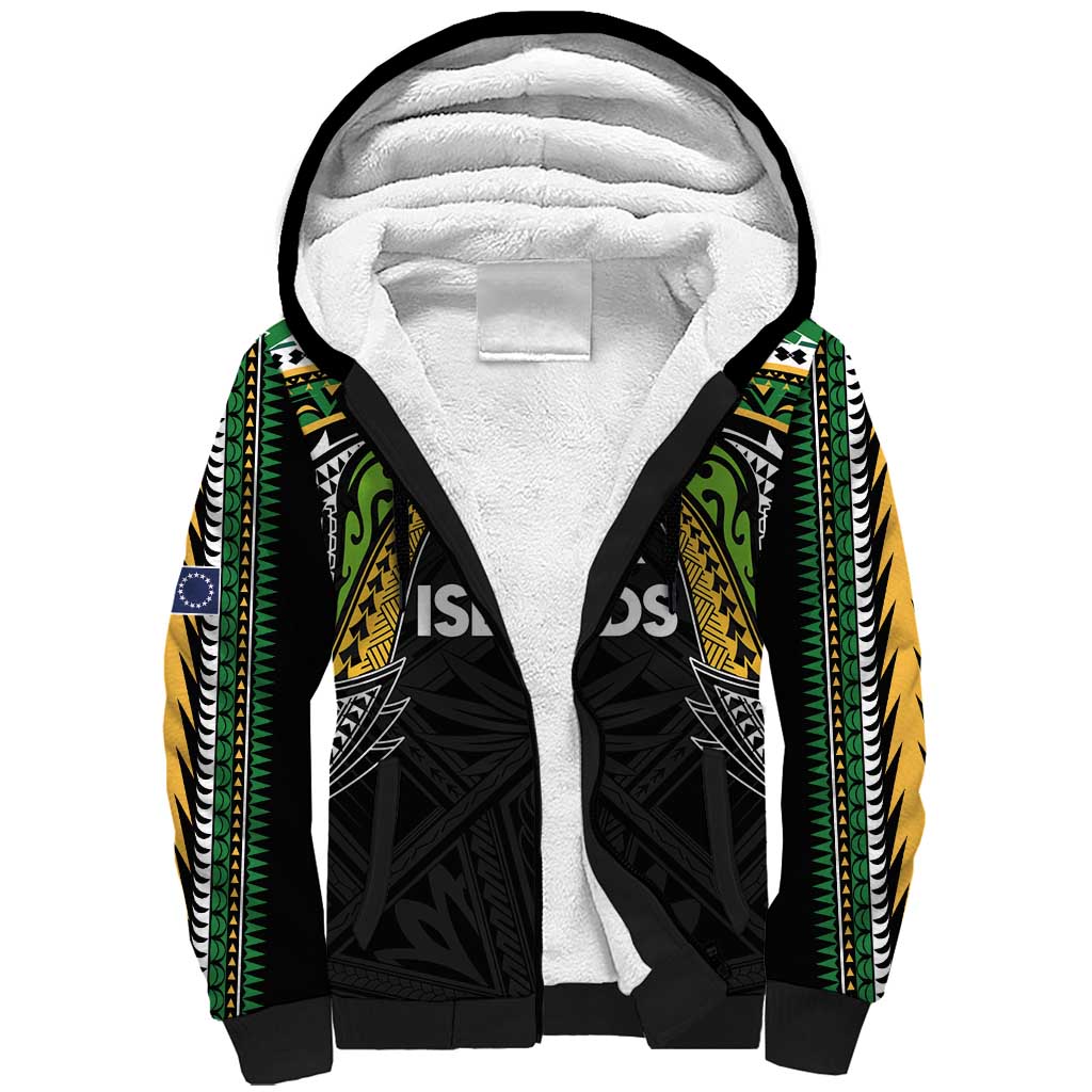 Custom Cook Islands Rugby League Sherpa Hoodie Tatau Tribal Motifs-Black Color - Polynesian Pride