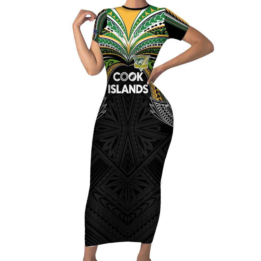 Custom Cook Islands Rugby League Short Sleeve Bodycon Dress Tatau Tribal Motifs-Black Color - Polynesian Pride