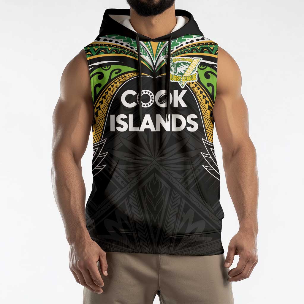 Custom Cook Islands Rugby League Sleeveless Hoodie Tatau Tribal Motifs-Black Color - Polynesian Pride