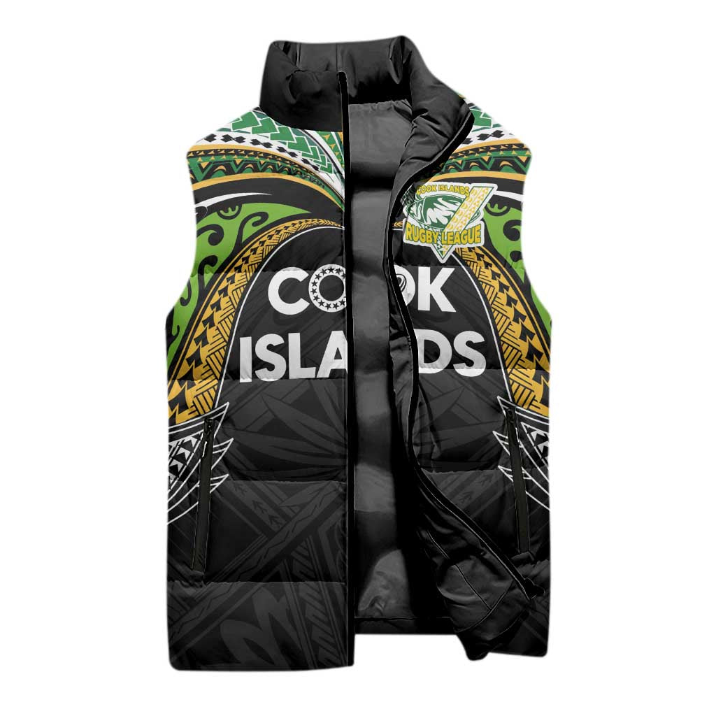 Custom Cook Islands Rugby League Sleeveless Puffer Jacket Tatau Tribal Motifs-Black Color - Polynesian Pride