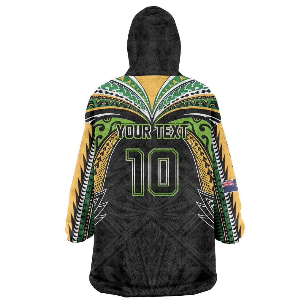 Custom Cook Islands Rugby League Wearable Blanket Hoodie Tatau Tribal Motifs-Black Color - Polynesian Pride