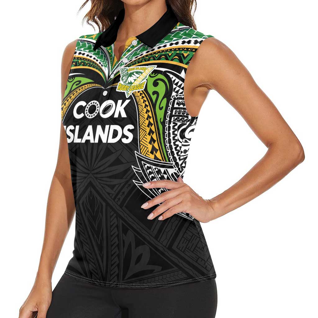 Custom Cook Islands Rugby League Women Sleeveless Polo Shirt Tatau Tribal Motifs-Black Color - Polynesian Pride