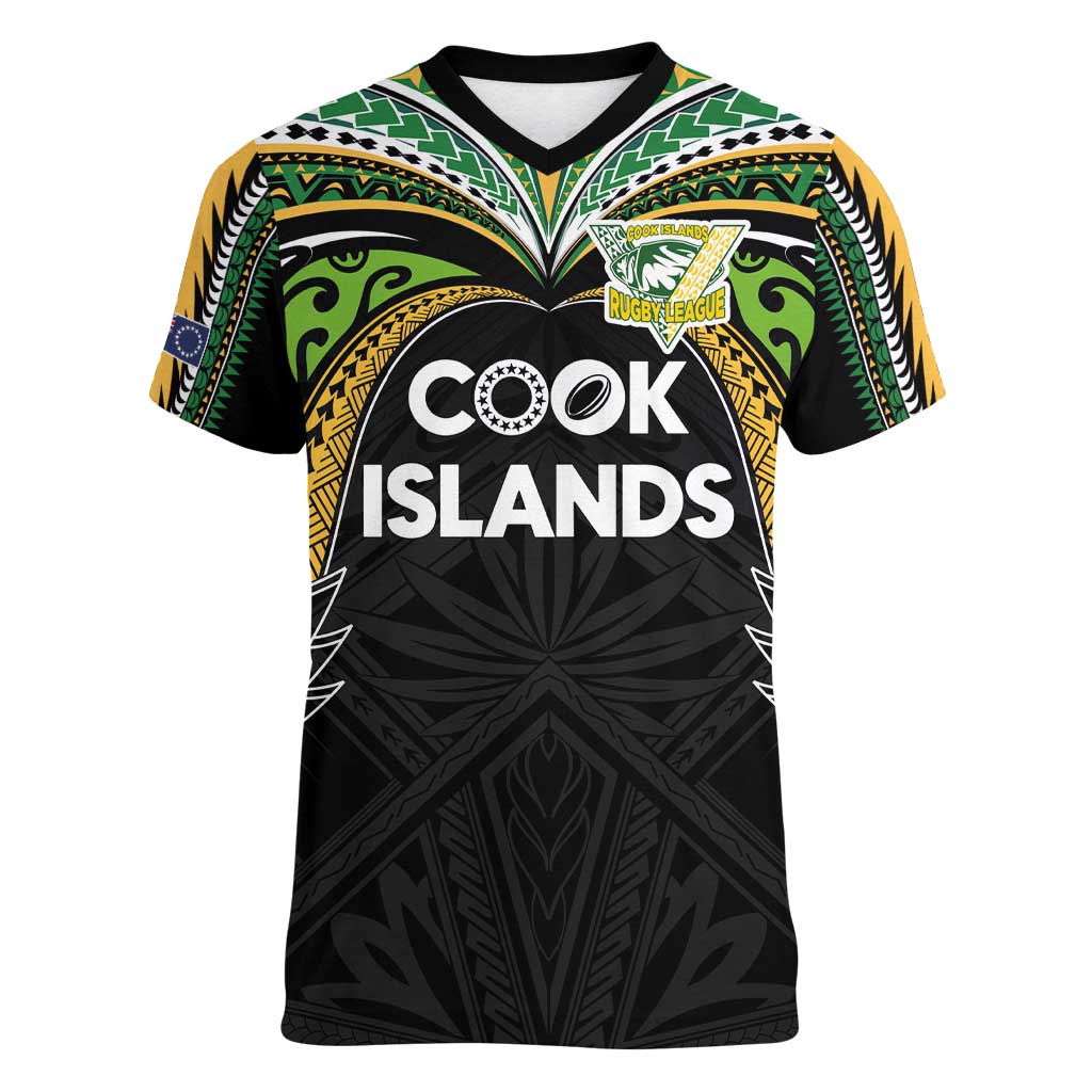 Custom Cook Islands Rugby League Women V-Neck T-Shirt Tatau Tribal Motifs-Black Color - Polynesian Pride