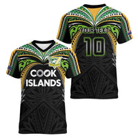 Custom Cook Islands Rugby League Women V-Neck T-Shirt Tatau Tribal Motifs-Black Color - Polynesian Pride