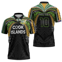 Custom Cook Islands Rugby League Zipper Polo Shirt Tatau Tribal Motifs-Black Color - Polynesian Pride