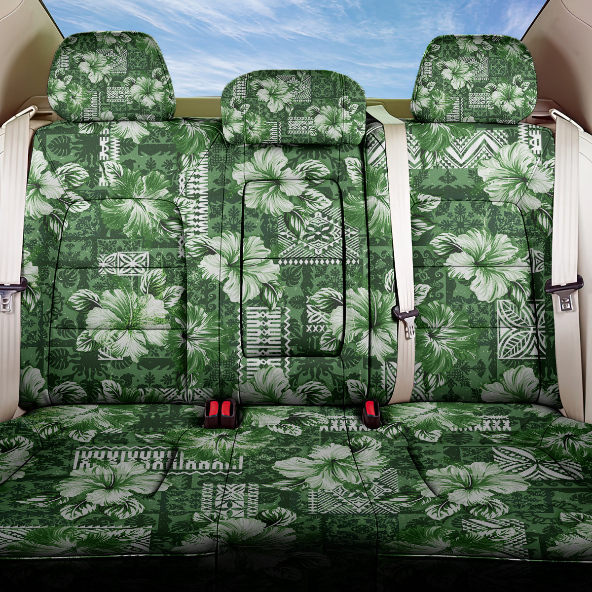 Hawaiian Quilt Pattern Back Car Seat Cover Hibiscus and Tribal Element Vintage Green Vibe LT03