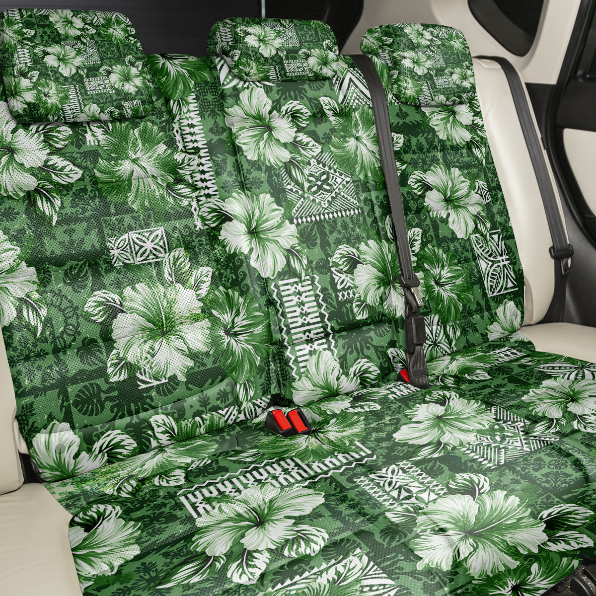 Hawaiian Quilt Pattern Back Car Seat Cover Hibiscus and Tribal Element Vintage Green Vibe LT03