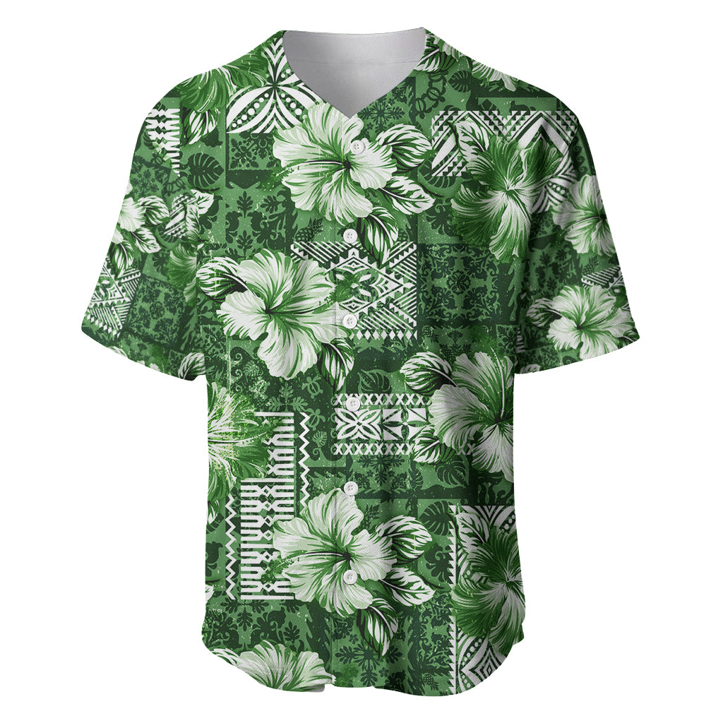 Hawaiian Quilt Pattern Baseball Jersey Hibiscus and Tribal Element Vintage Green Vibe LT03 Green - Polynesian Pride