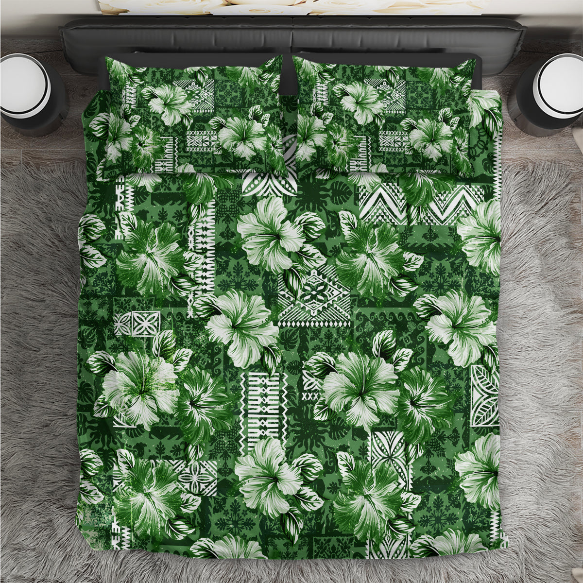 Hawaiian Quilt Pattern Bedding Set Hibiscus and Tribal Element Vintage Green Vibe LT03 Green - Polynesian Pride