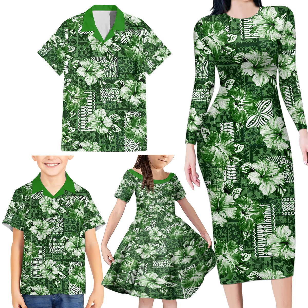 Hawaiian Quilt Pattern Family Matching Long Sleeve Bodycon Dress and Hawaiian Shirt Hibiscus and Tribal Element Vintage Green Vibe LT03 - Polynesian Pride