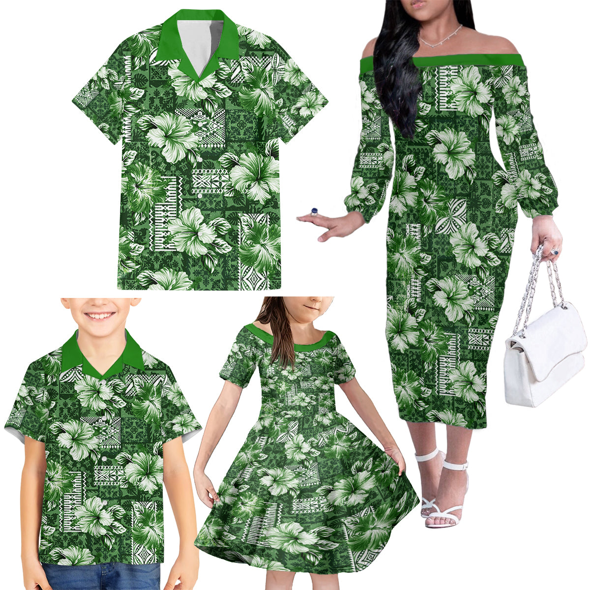 Hawaiian Quilt Pattern Family Matching Off Shoulder Long Sleeve Dress and Hawaiian Shirt Hibiscus and Tribal Element Vintage Green Vibe LT03 - Polynesian Pride