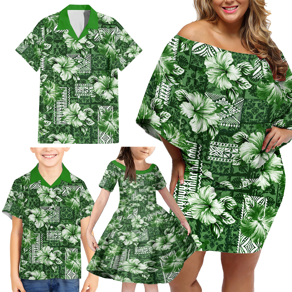 Hawaiian Quilt Pattern Family Matching Off Shoulder Short Dress and Hawaiian Shirt Hibiscus and Tribal Element Vintage Green Vibe LT03 - Polynesian Pride