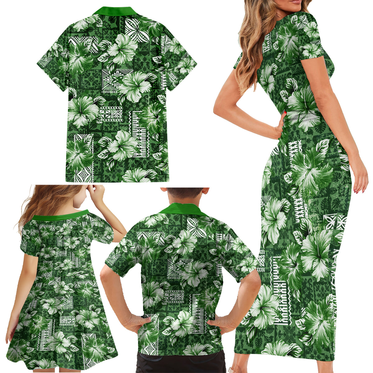 Hawaiian Quilt Pattern Family Matching Short Sleeve Bodycon Dress and Hawaiian Shirt Hibiscus and Tribal Element Vintage Green Vibe LT03 - Polynesian Pride