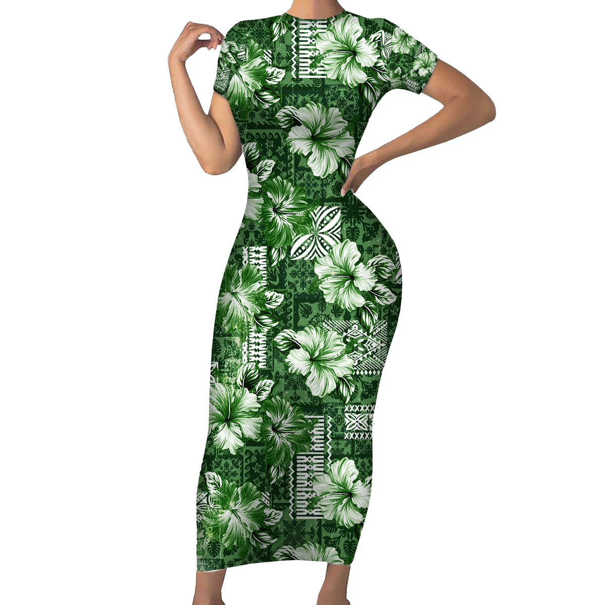 Hawaiian Quilt Pattern Family Matching Short Sleeve Bodycon Dress and Hawaiian Shirt Hibiscus and Tribal Element Vintage Green Vibe LT03 Mom's Dress Green - Polynesian Pride