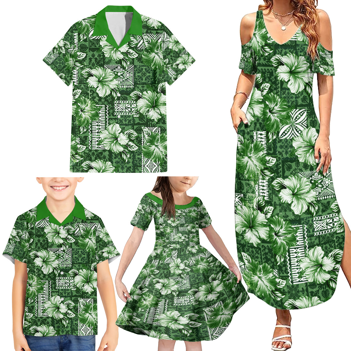 Hawaiian Quilt Pattern Family Matching Summer Maxi Dress and Hawaiian Shirt Hibiscus and Tribal Element Vintage Green Vibe LT03 - Polynesian Pride