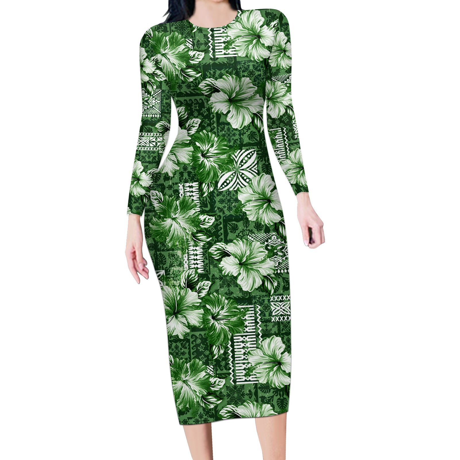 Hawaiian Quilt Pattern Long Sleeve Bodycon Dress Hibiscus and Tribal Element Vintage Green Vibe LT03 Long Dress Green - Polynesian Pride