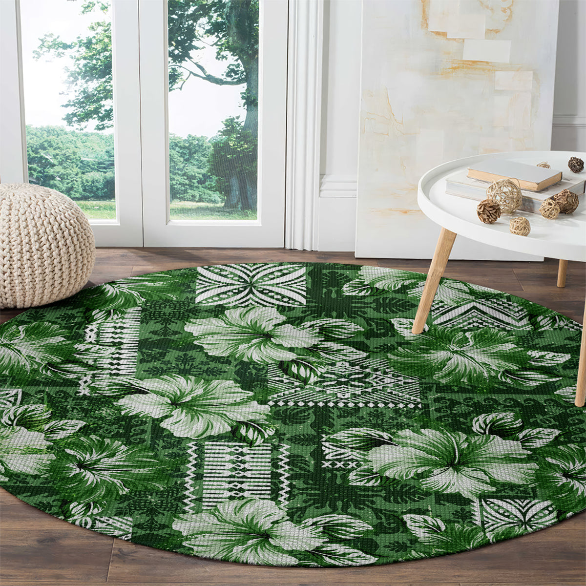 Hawaiian Quilt Pattern Round Carpet Hibiscus and Tribal Element Vintage Green Vibe LT03 - Polynesian Pride
