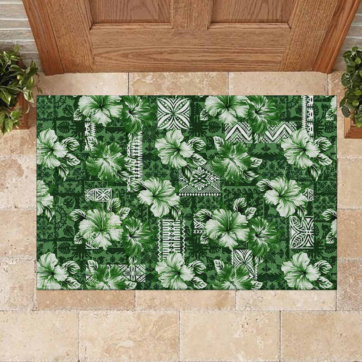 Hawaiian Quilt Pattern Rubber Doormat Hibiscus and Tribal Element Vintage Green Vibe LT03 - Polynesian Pride