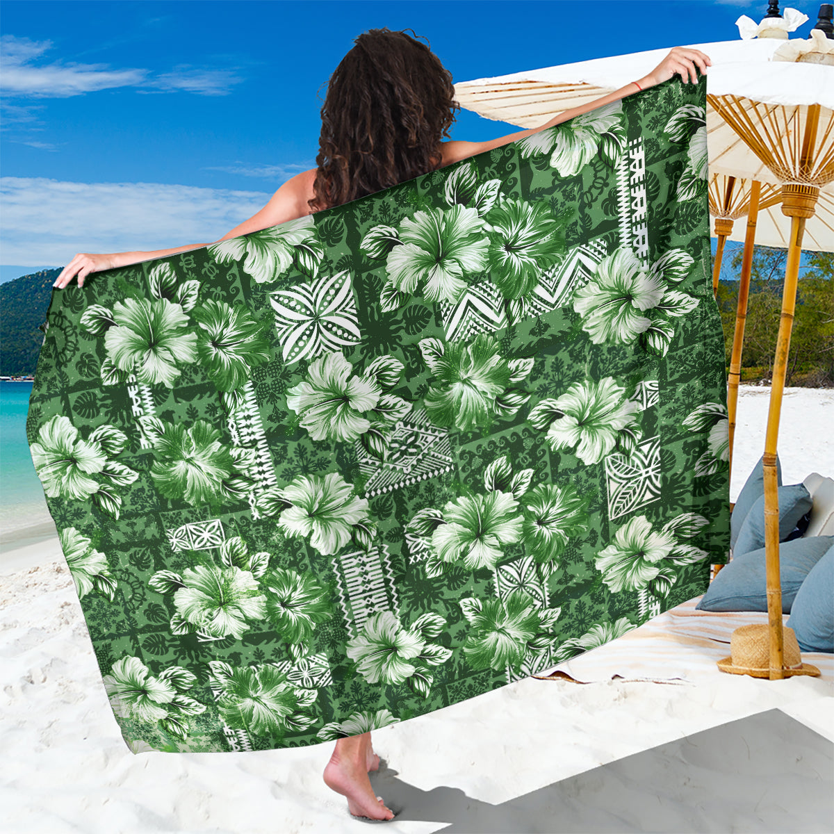 Hawaiian Quilt Pattern Sarong Hibiscus and Tribal Element Vintage Green Vibe LT03 One Size 44 x 66 inches Green - Polynesian Pride