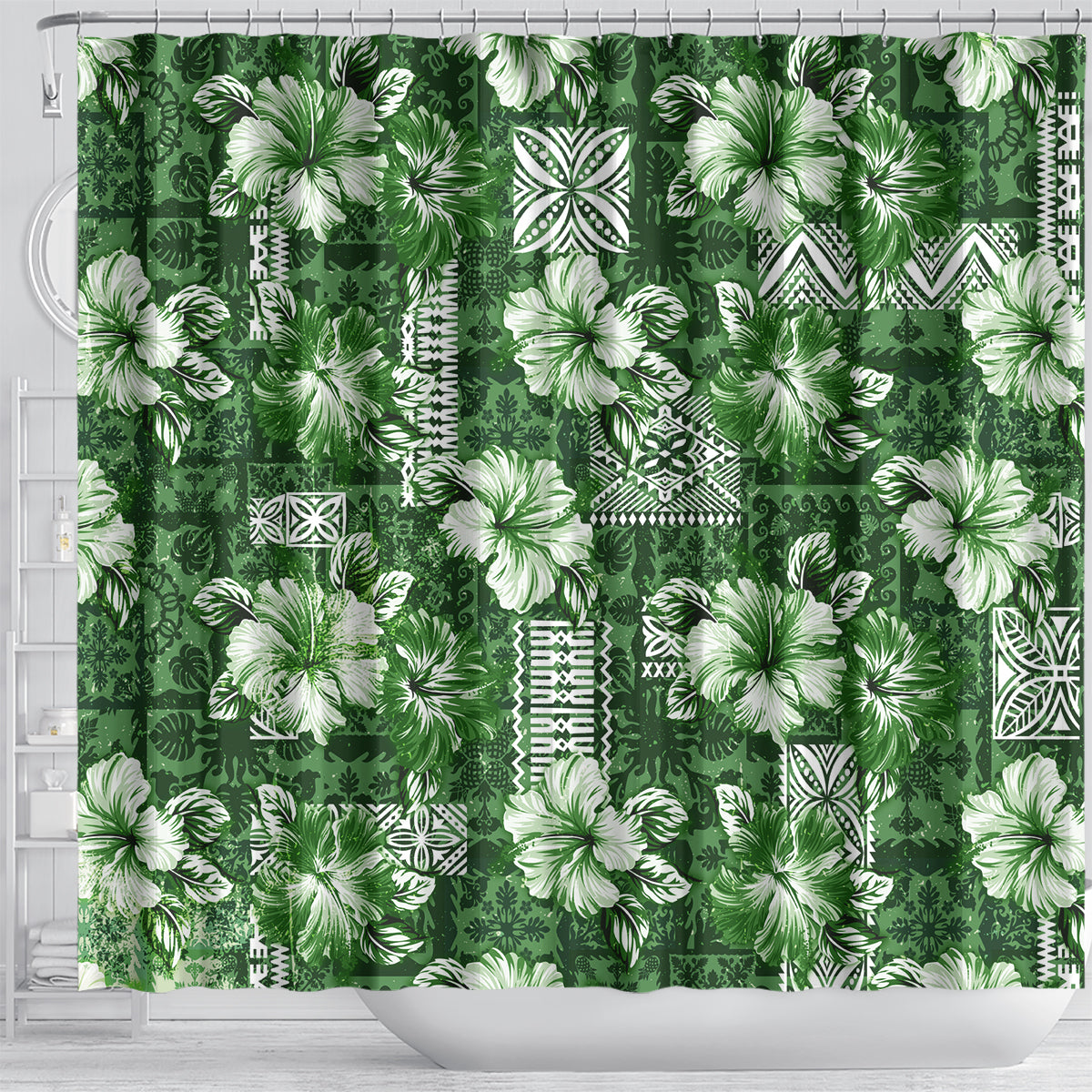 Hawaiian Quilt Pattern Shower Curtain Hibiscus and Tribal Element Vintage Green Vibe LT03 - Polynesian Pride