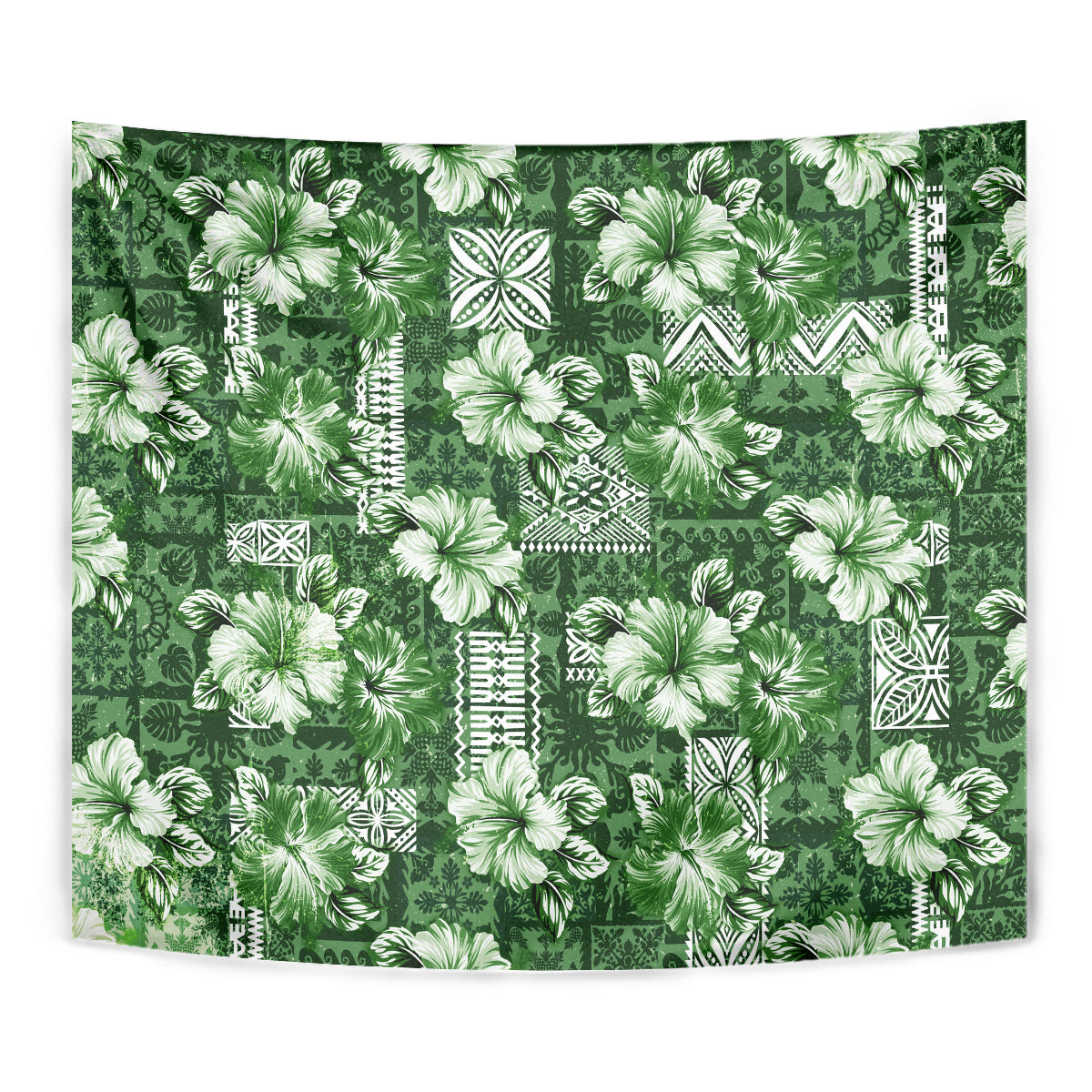 Hawaiian Quilt Pattern Tapestry Hibiscus and Tribal Element Vintage Green Vibe LT03 - Polynesian Pride