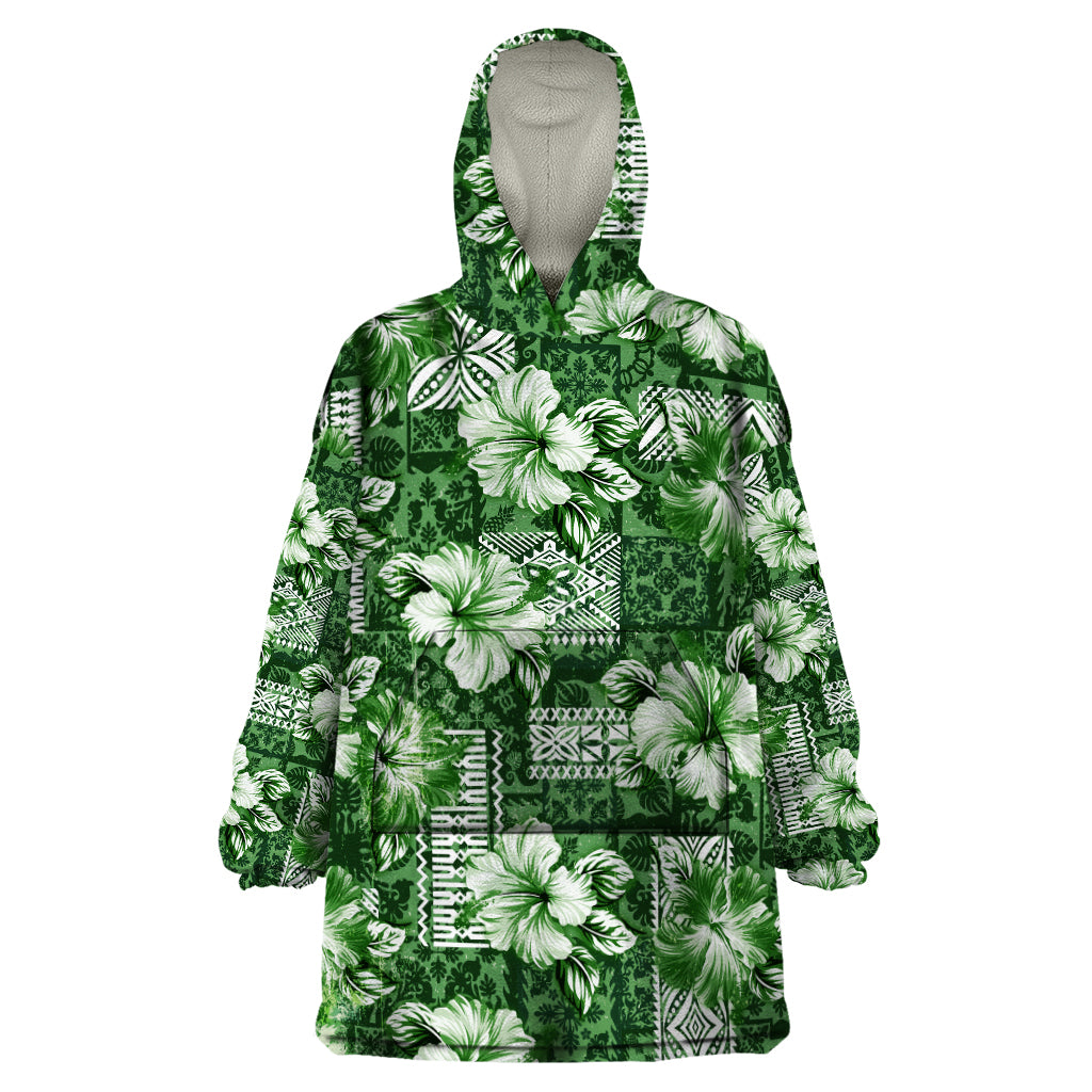 Hawaiian Quilt Pattern Wearable Blanket Hoodie Hibiscus and Tribal Element Vintage Green Vibe LT03 One Size Green - Polynesian Pride