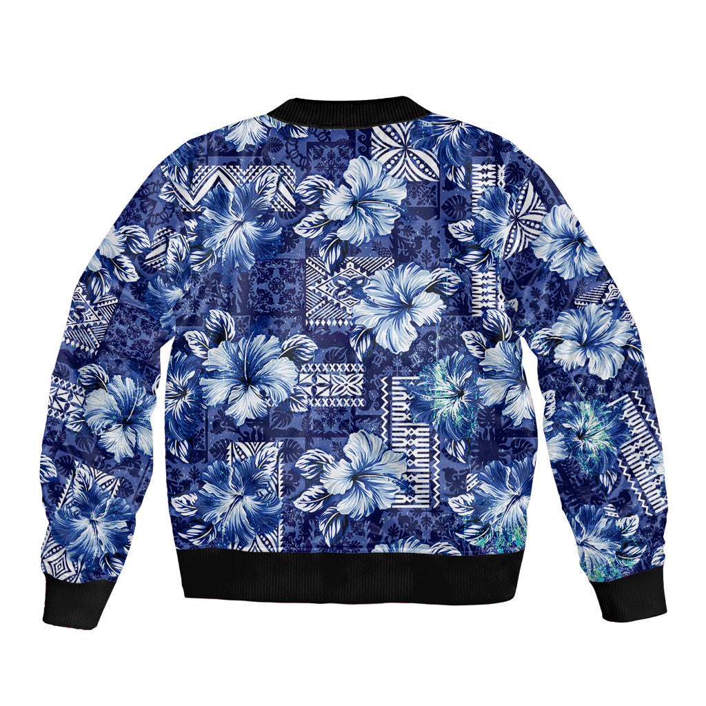 Hawaiian Quilt Pattern Bomber Jacket Hibiscus and Tribal Element Vintage Blue Vibe LT03 - Polynesian Pride