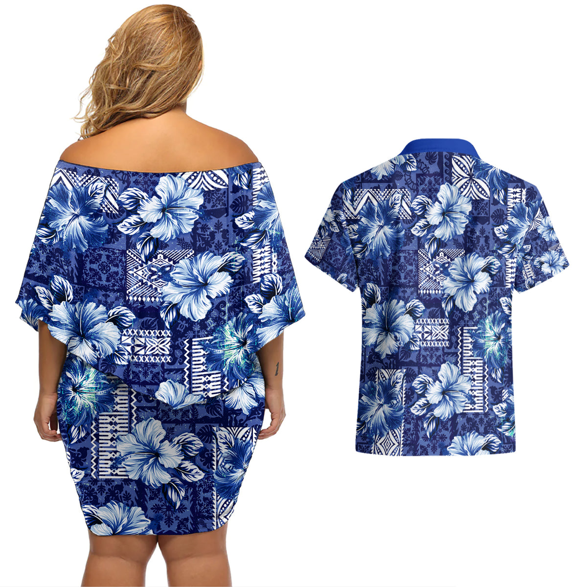Hawaiian Quilt Pattern Couples Matching Off Shoulder Short Dress and Hawaiian Shirt Hibiscus and Tribal Element Vintage Blue Vibe LT03 - Polynesian Pride
