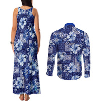Hawaiian Quilt Pattern Couples Matching Tank Maxi Dress and Long Sleeve Button Shirt Hibiscus and Tribal Element Vintage Blue Vibe LT03 - Polynesian Pride
