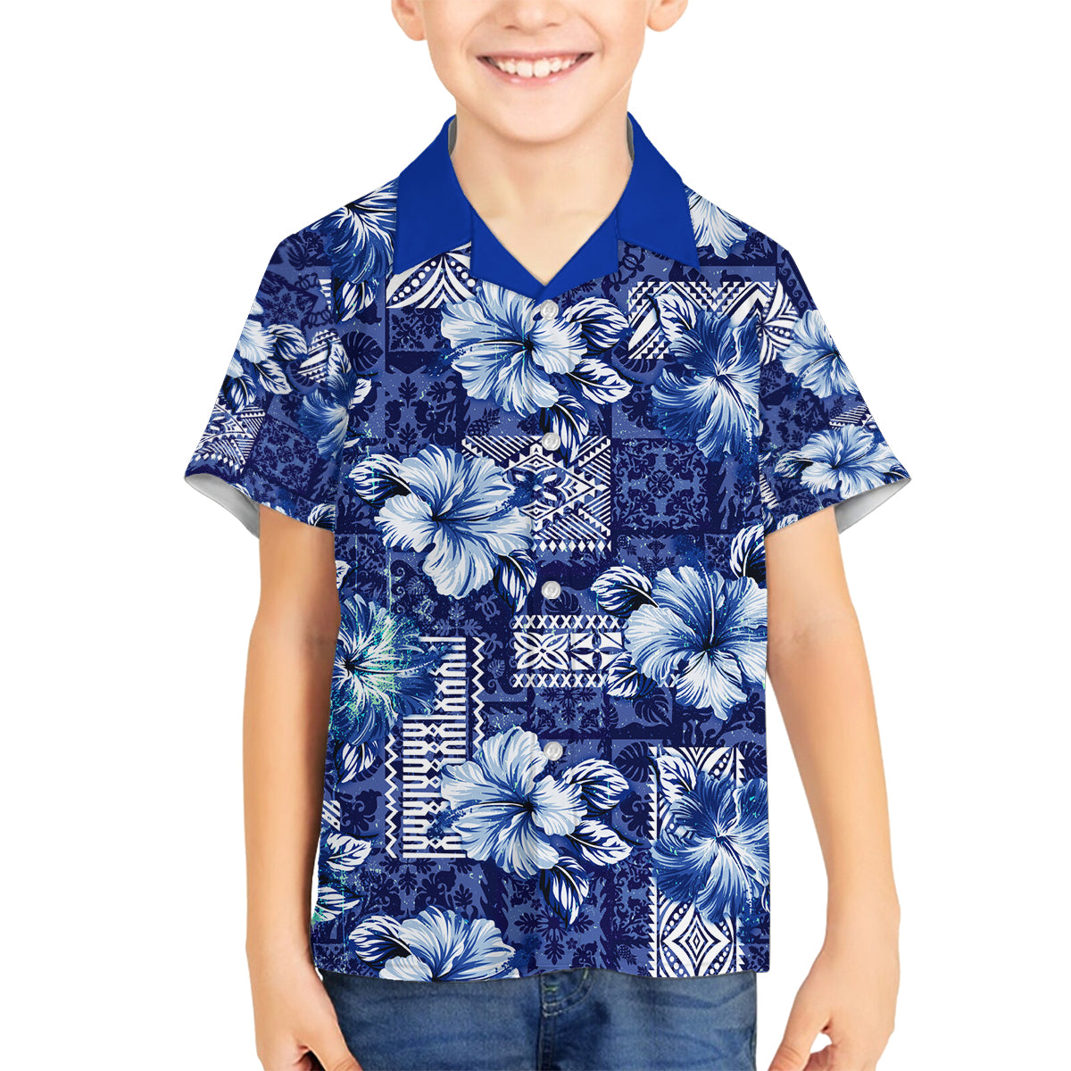 Hawaiian Quilt Pattern Family Matching Long Sleeve Bodycon Dress and Hawaiian Shirt Hibiscus and Tribal Element Vintage Blue Vibe LT03 Son's Shirt Blue - Polynesian Pride