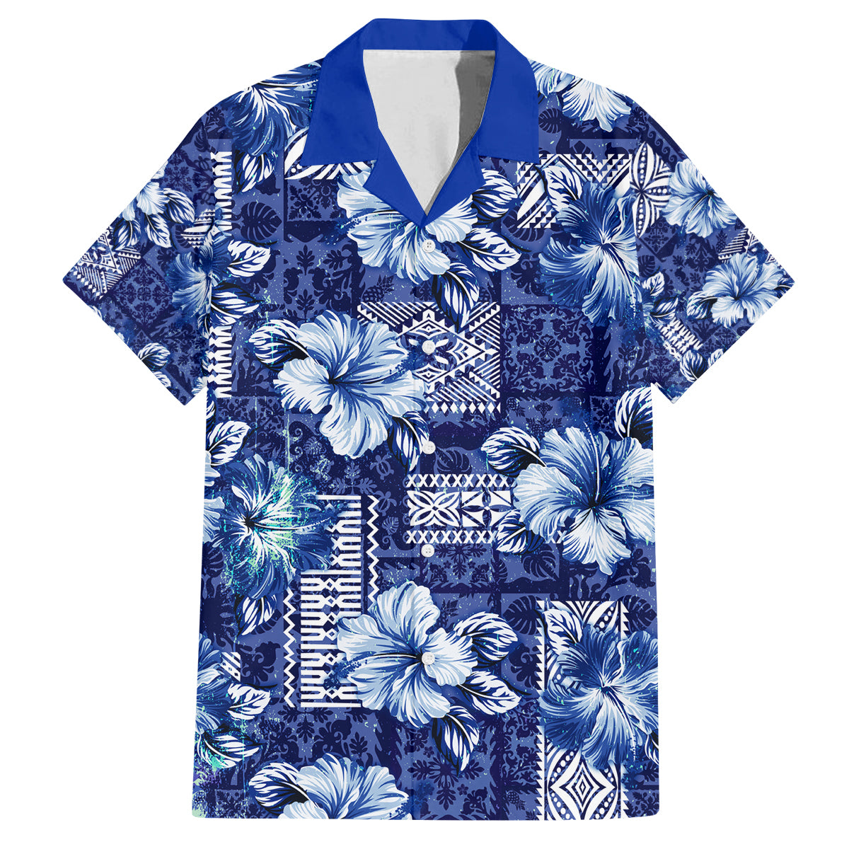 Hawaiian Quilt Pattern Family Matching Off Shoulder Long Sleeve Dress and Hawaiian Shirt Hibiscus and Tribal Element Vintage Blue Vibe LT03 Dad's Shirt - Short Sleeve Blue - Polynesian Pride