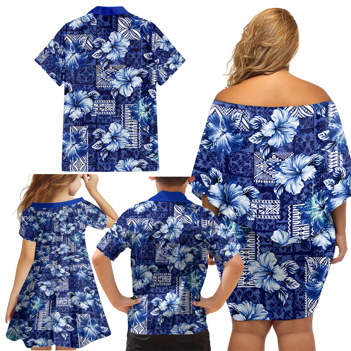Hawaiian Quilt Pattern Family Matching Off Shoulder Short Dress and Hawaiian Shirt Hibiscus and Tribal Element Vintage Blue Vibe LT03 - Polynesian Pride
