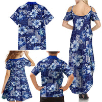 Hawaiian Quilt Pattern Family Matching Summer Maxi Dress and Hawaiian Shirt Hibiscus and Tribal Element Vintage Blue Vibe LT03 - Polynesian Pride