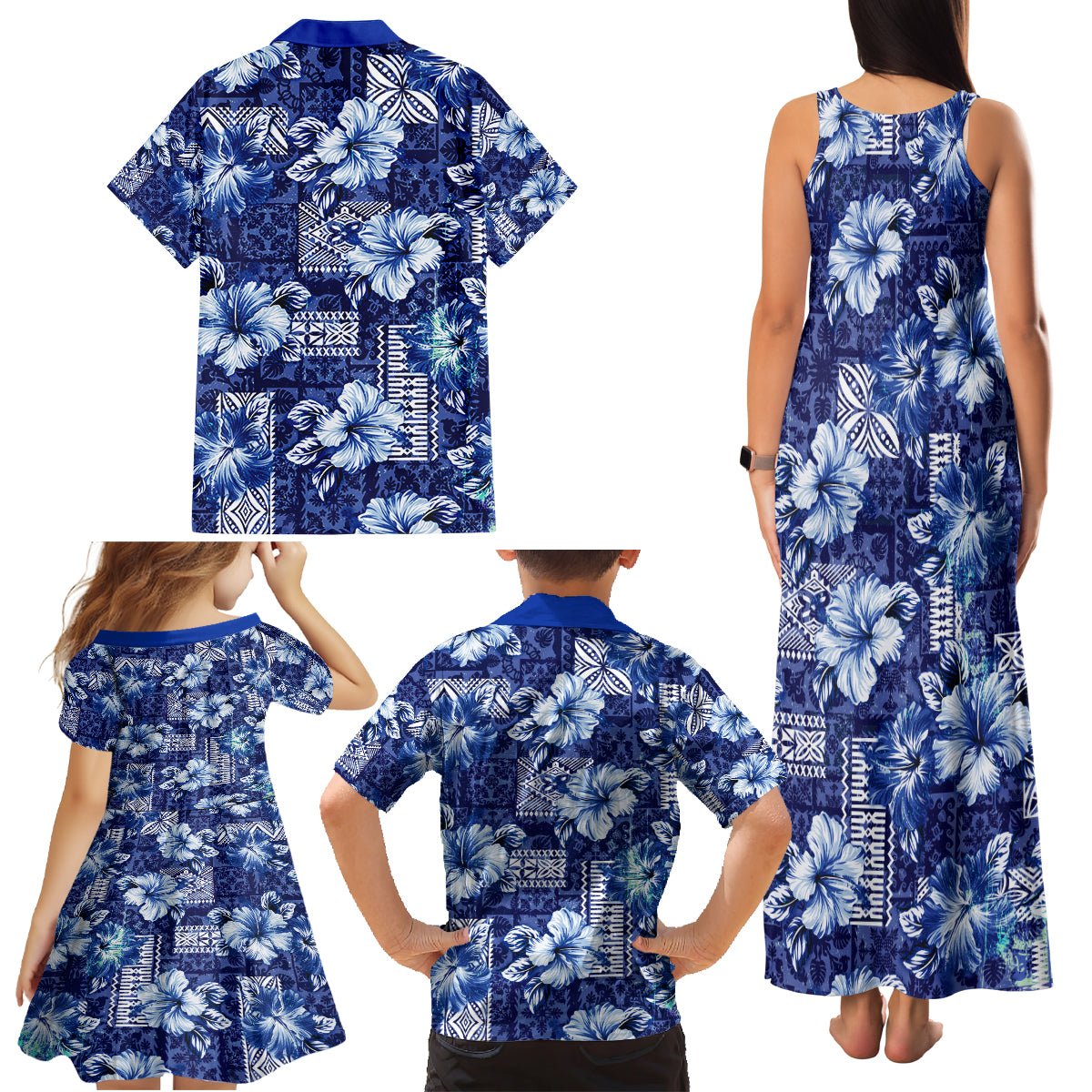 Hawaiian Quilt Pattern Family Matching Tank Maxi Dress and Hawaiian Shirt Hibiscus and Tribal Element Vintage Blue Vibe LT03 - Polynesian Pride