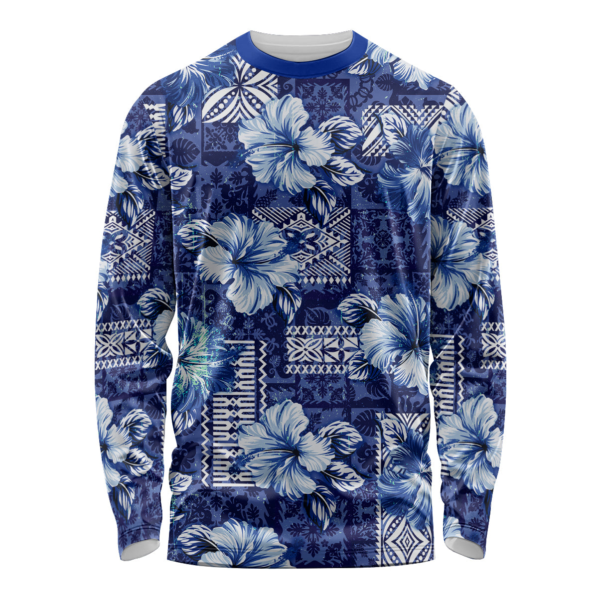 Hawaiian Quilt Pattern Long Sleeve Shirt Hibiscus and Tribal Element Vintage Blue Vibe LT03 Unisex Blue - Polynesian Pride