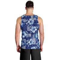 Hawaiian Quilt Pattern Men Tank Top Hibiscus and Tribal Element Vintage Blue Vibe LT03 - Polynesian Pride