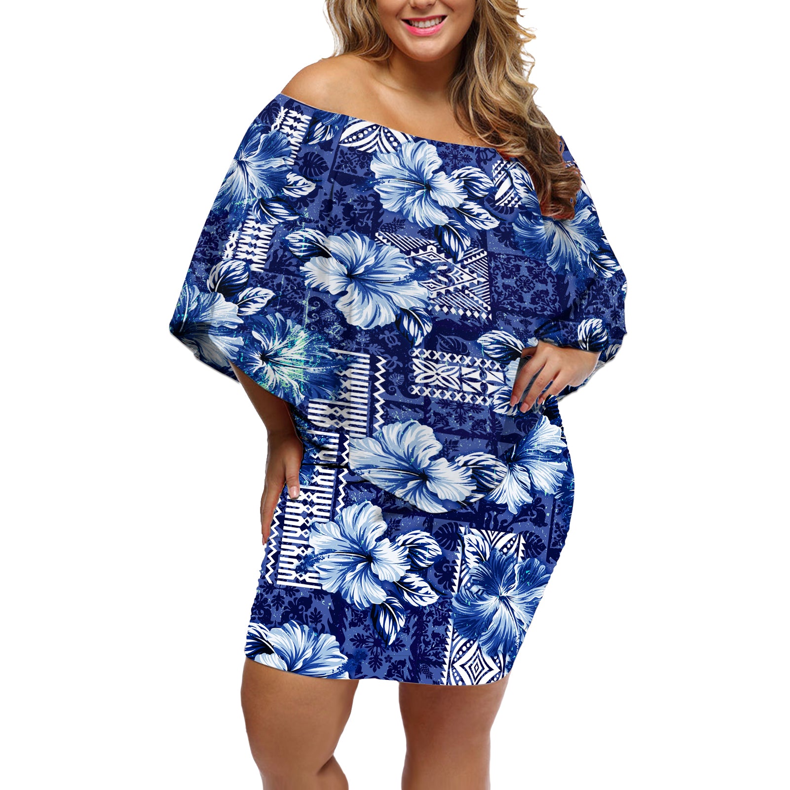 Hawaiian Quilt Pattern Off Shoulder Short Dress Hibiscus and Tribal Element Vintage Blue Vibe LT03 Women Blue - Polynesian Pride