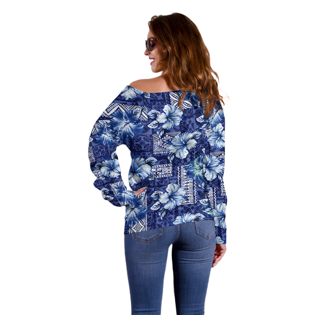 Hawaiian Quilt Pattern Off Shoulder Sweater Hibiscus and Tribal Element Vintage Blue Vibe LT03 - Polynesian Pride