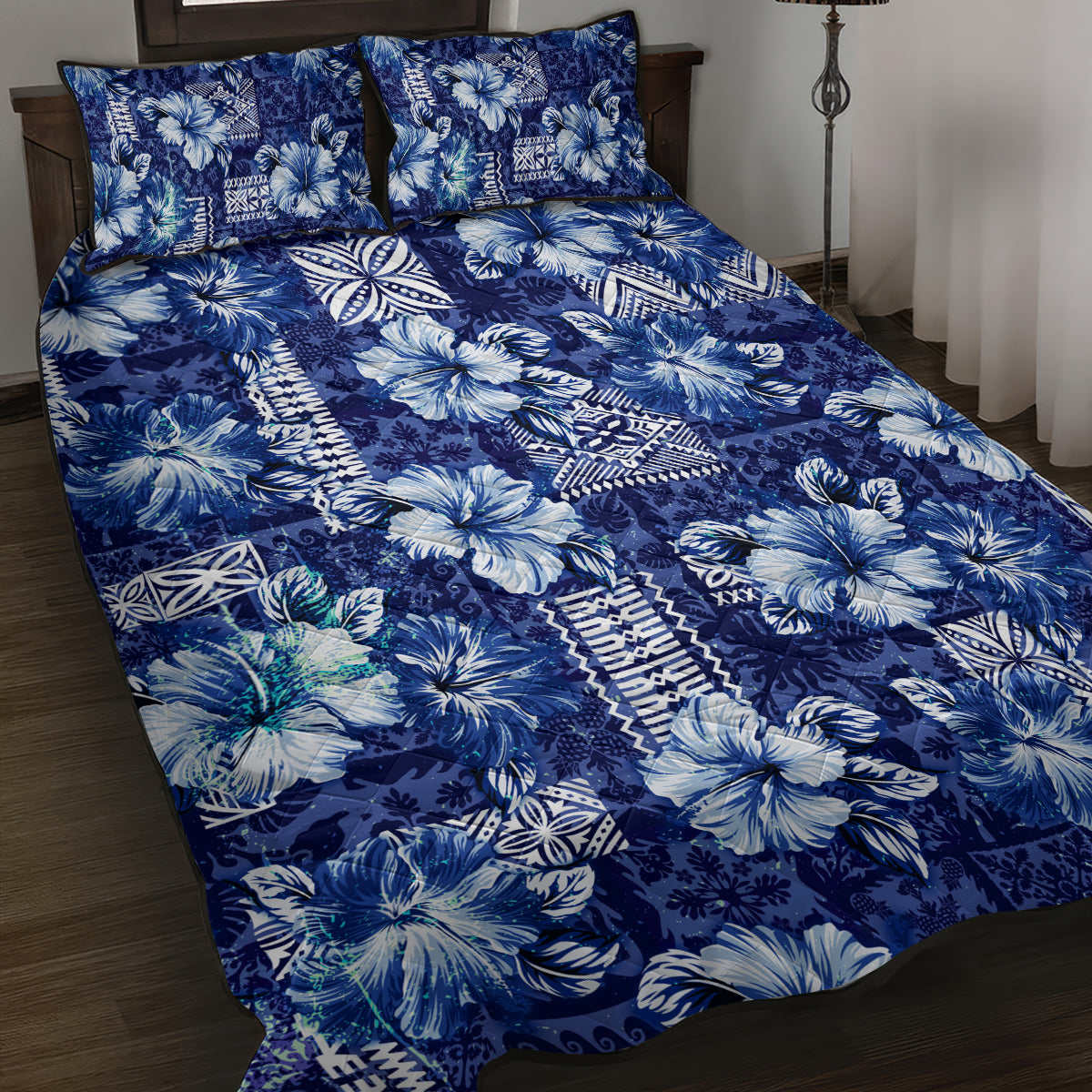 Hawaiian Quilt Pattern Quilt Bed Set Hibiscus and Tribal Element Vintage Blue Vibe LT03 Blue - Polynesian Pride