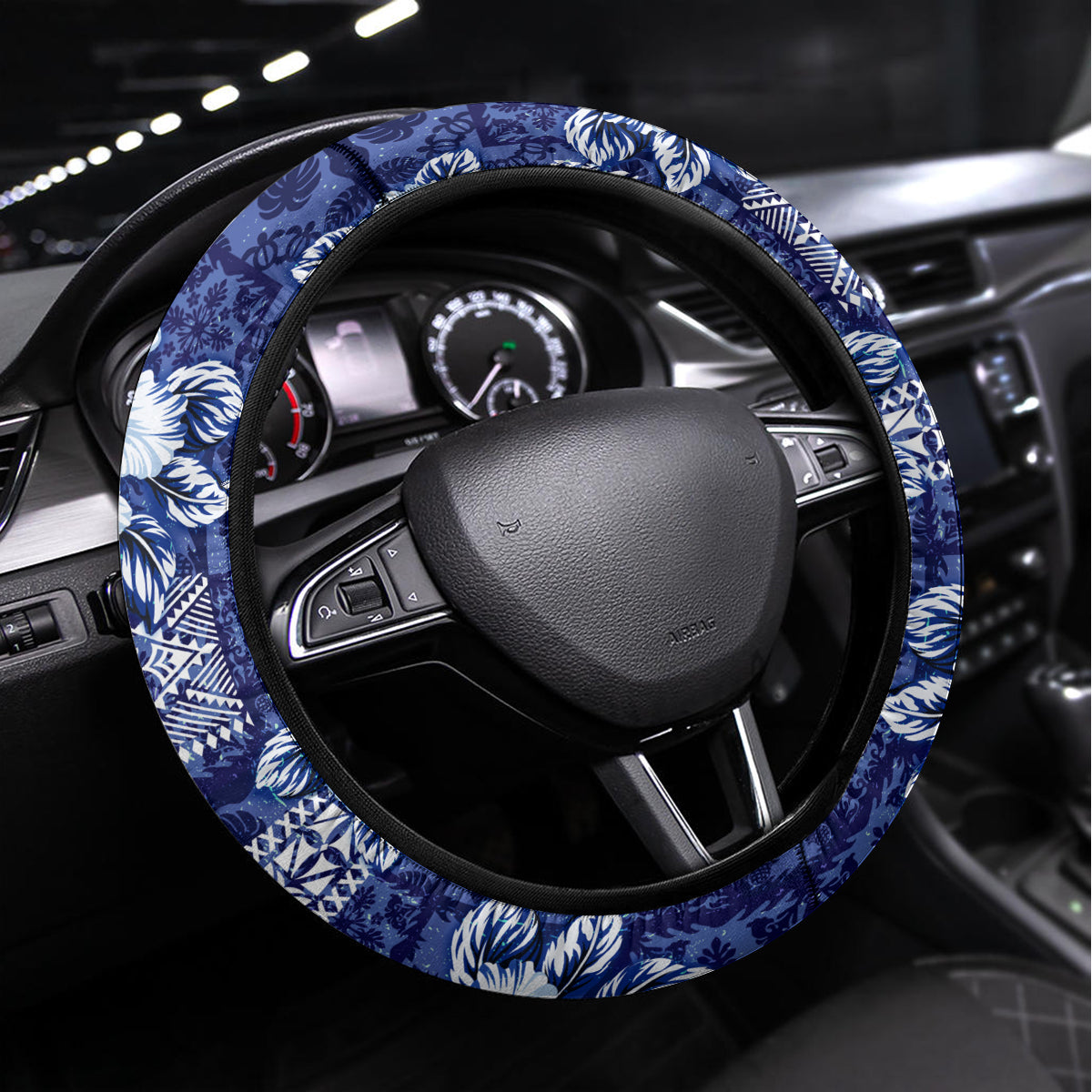 Hawaiian Quilt Pattern Steering Wheel Cover Hibiscus and Tribal Element Vintage Blue Vibe LT03 Universal Fit Blue - Polynesian Pride