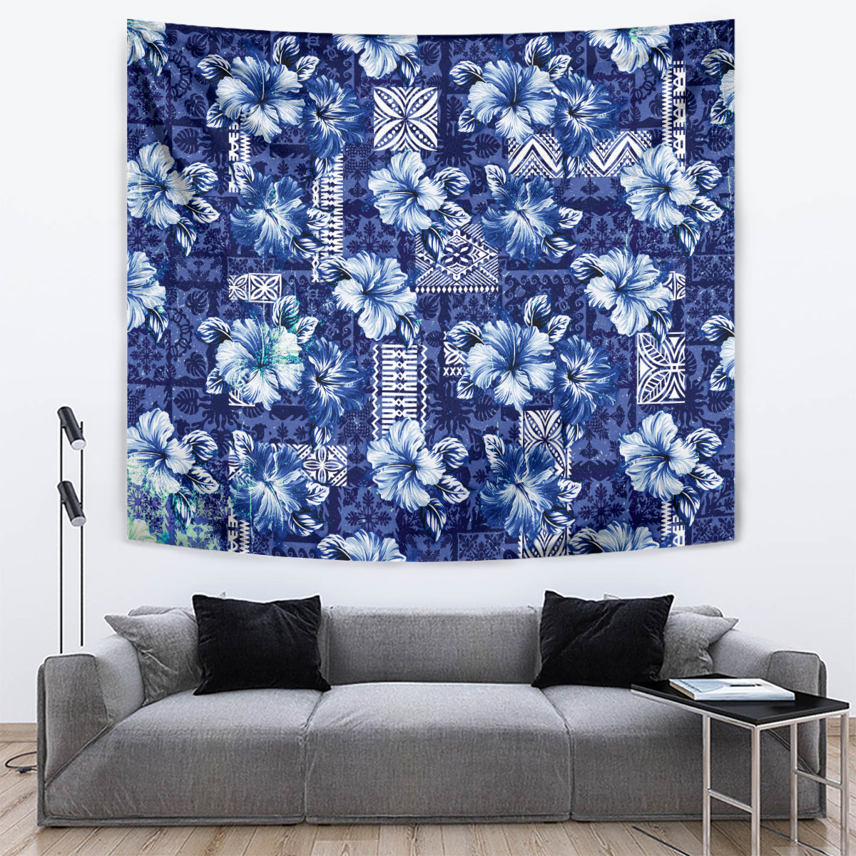 Hawaiian Quilt Pattern Tapestry Hibiscus and Tribal Element Vintage Blue Vibe LT03 Blue - Polynesian Pride