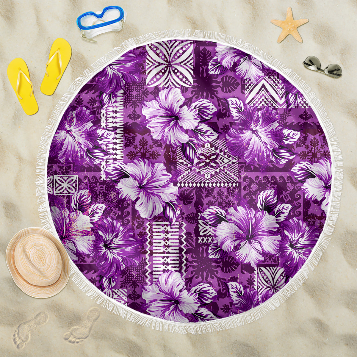 Hawaiian Quilt Pattern Beach Blanket Hibiscus and Tribal Element Vintage Purple Vibe LT03 One Size 150cm Purple - Polynesian Pride