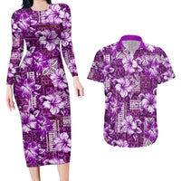 Hawaiian Quilt Pattern Couples Matching Long Sleeve Bodycon Dress and Hawaiian Shirt Hibiscus and Tribal Element Vintage Purple Vibe LT03 Purple - Polynesian Pride