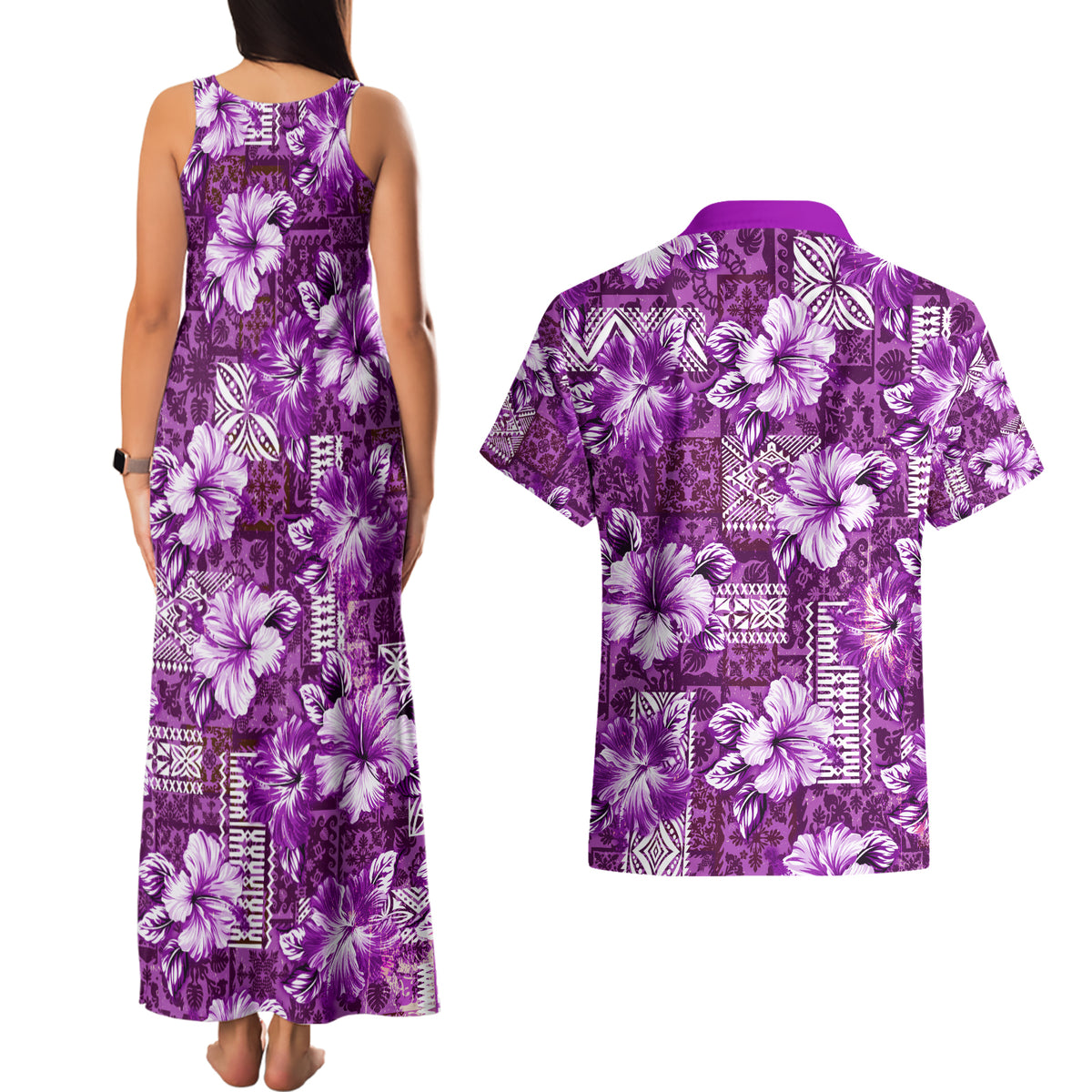 Hawaiian Quilt Pattern Couples Matching Tank Maxi Dress and Hawaiian Shirt Hibiscus and Tribal Element Vintage Purple Vibe LT03 - Polynesian Pride