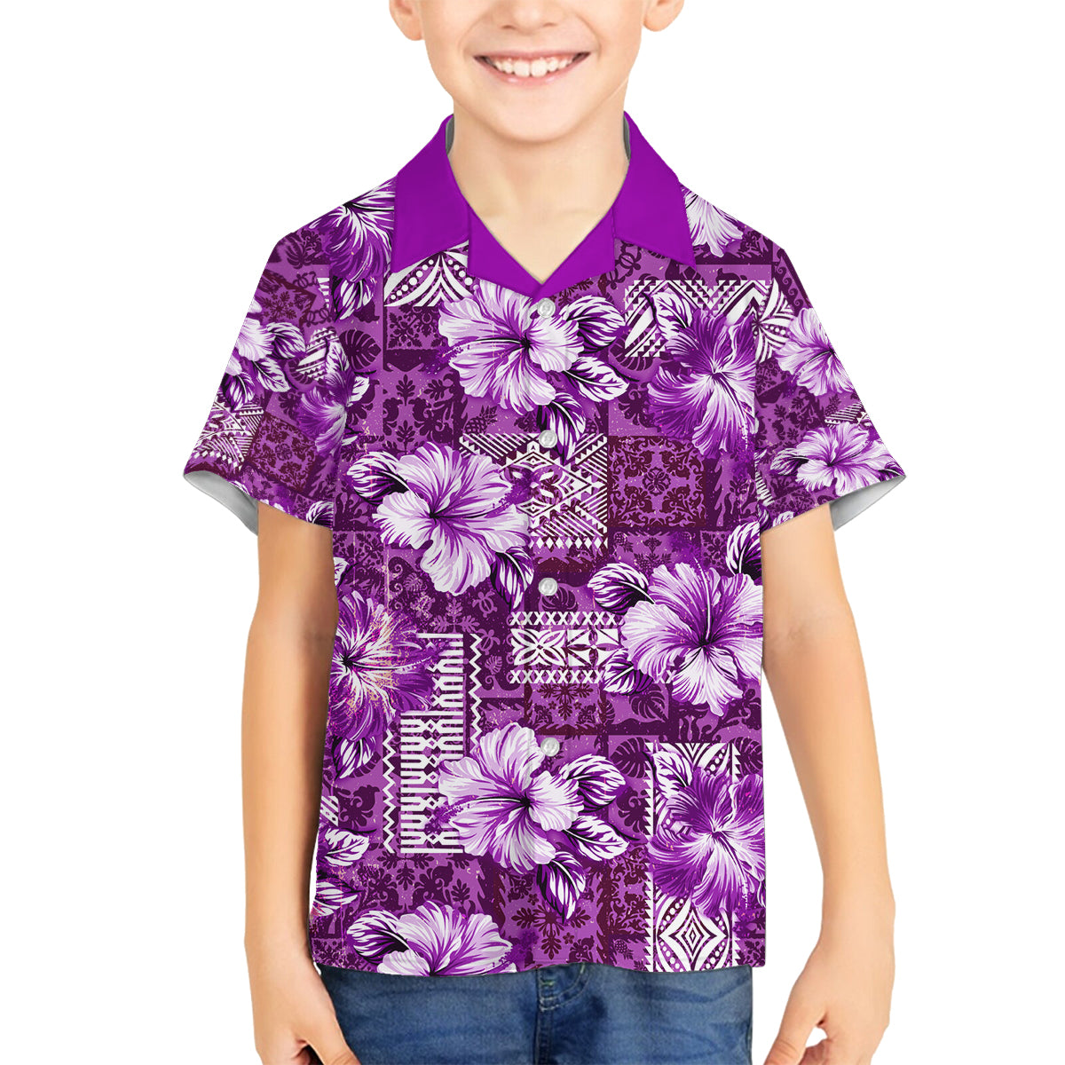 Hawaiian Quilt Pattern Family Matching Long Sleeve Bodycon Dress and Hawaiian Shirt Hibiscus and Tribal Element Vintage Purple Vibe LT03 Son's Shirt Purple - Polynesian Pride