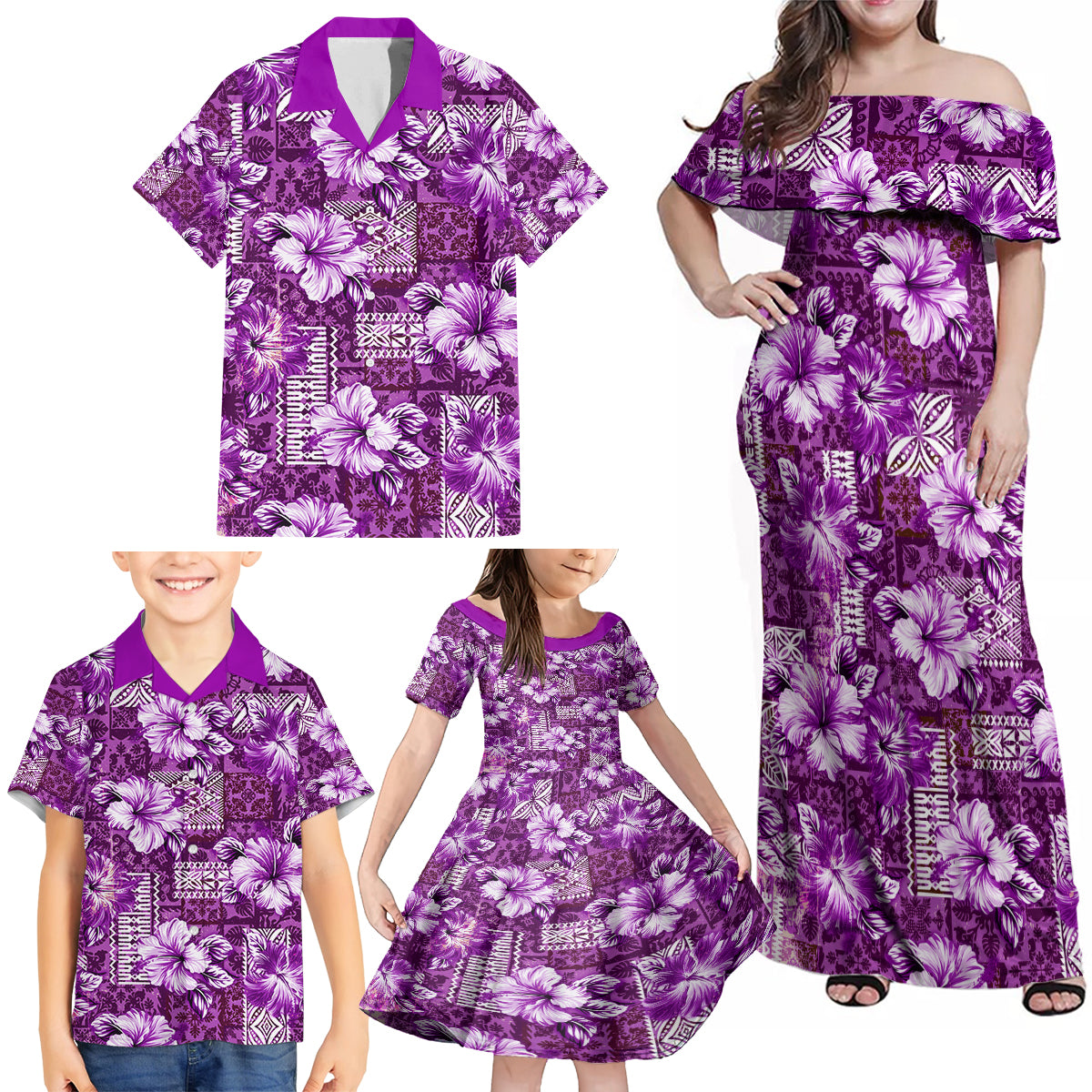 Hawaiian Quilt Pattern Family Matching Off Shoulder Maxi Dress and Hawaiian Shirt Hibiscus and Tribal Element Vintage Purple Vibe LT03 - Polynesian Pride