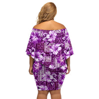 Hawaiian Quilt Pattern Family Matching Off Shoulder Short Dress and Hawaiian Shirt Hibiscus and Tribal Element Vintage Purple Vibe LT03 - Polynesian Pride