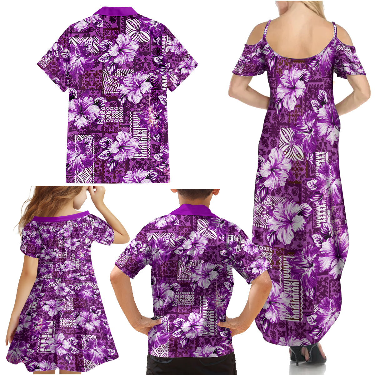 Hawaiian Quilt Pattern Family Matching Summer Maxi Dress and Hawaiian Shirt Hibiscus and Tribal Element Vintage Purple Vibe LT03 - Polynesian Pride